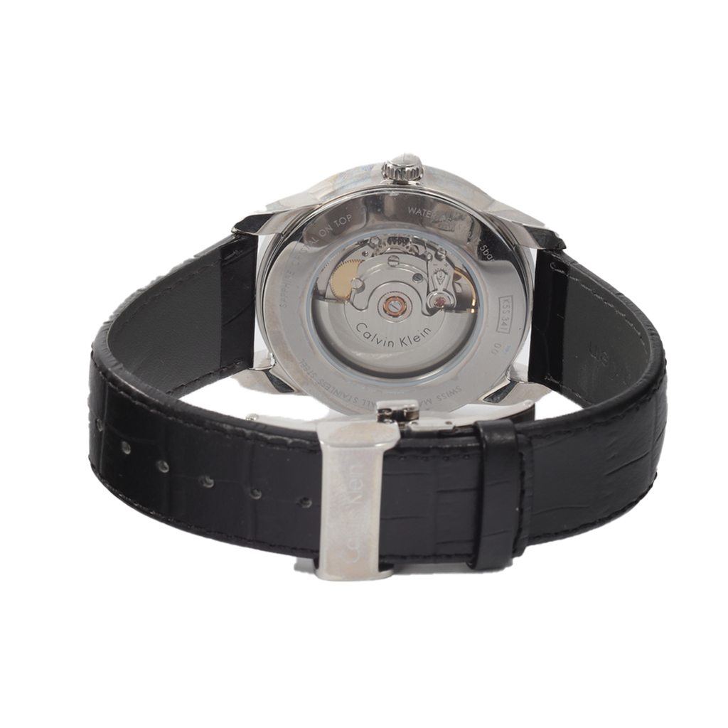 Calvin Klein Infinity Silver Dial Black Leather Strap Watch for Men - K5S341C6