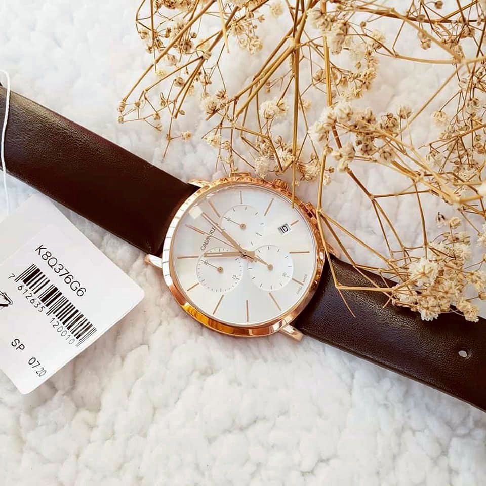 Calvin Klein Posh Chronograph White Dial Brown Leather Strap Watch for Men - K8Q376G6