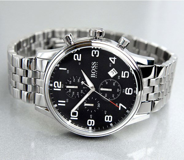 Hugo Boss Aeroliner Chronograph Black Dial Silver Steel Strap Watch For Men - 1512446