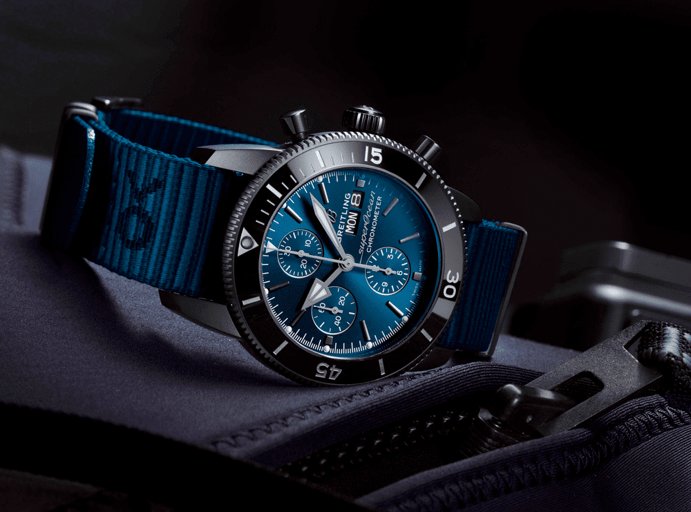 Breitling Superocean Heritage Chronograph 44 Outerknown Blue Dial Blue NATO Strap Watch for Men - M133132A1C1W1