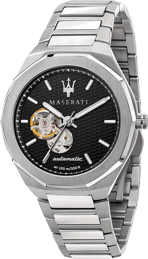 Maserati Stile Skeleton Automatic Black Dial Silver Steel Strap Watch For Men - R8823142002