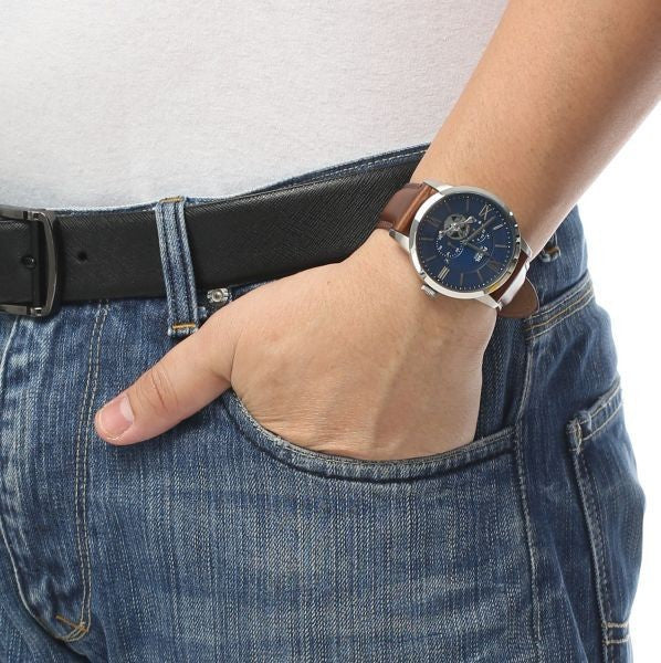 Fossil Townsman Automatic Blue Dial Brown Leather Strap Watch for Men - ME3110