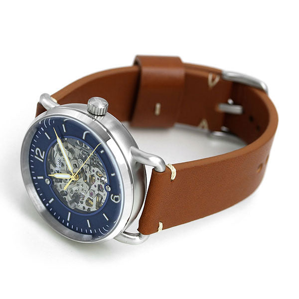 Fossil Commuter Automatic Skeleton Blue Dial Brown Leather Strap Watch for Men - ME3159
