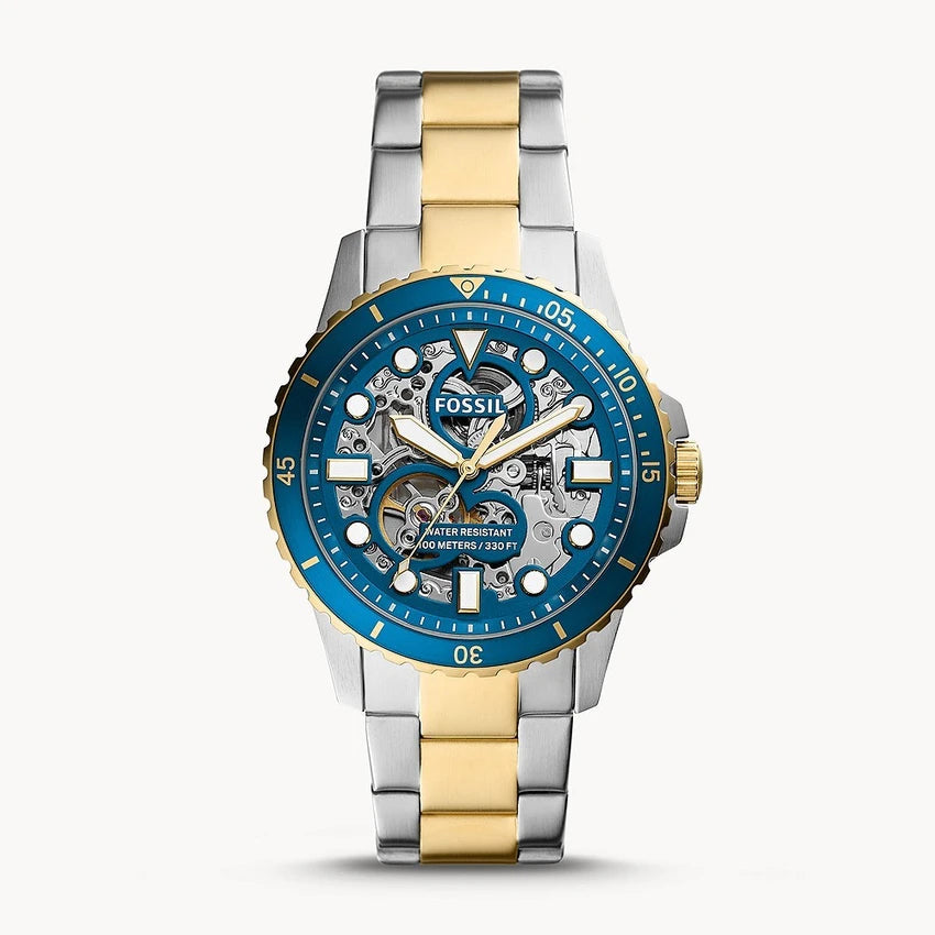 Fossil FB-01 Automatic Skeleton Blue Dial Two Tone Steel Strap Watch for Men - ME3191