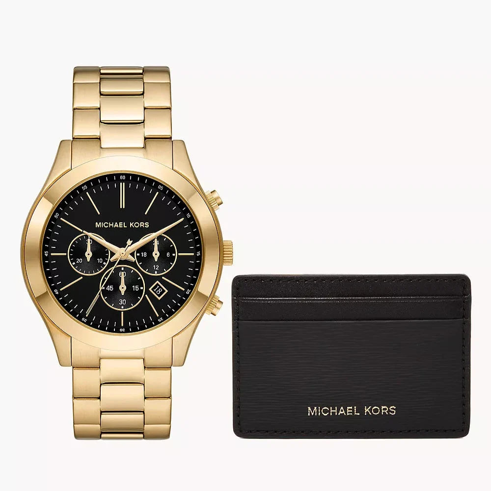 Michael Kors Slim Runway Chronograph Black Dial Gold Steel Strap Watch For Men - MK1076
