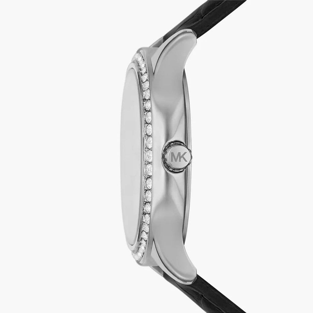 Michael Kors Sage Three-Hand Mother of Pearl White Dial Black Leather Strap Watch for Women - MK4821