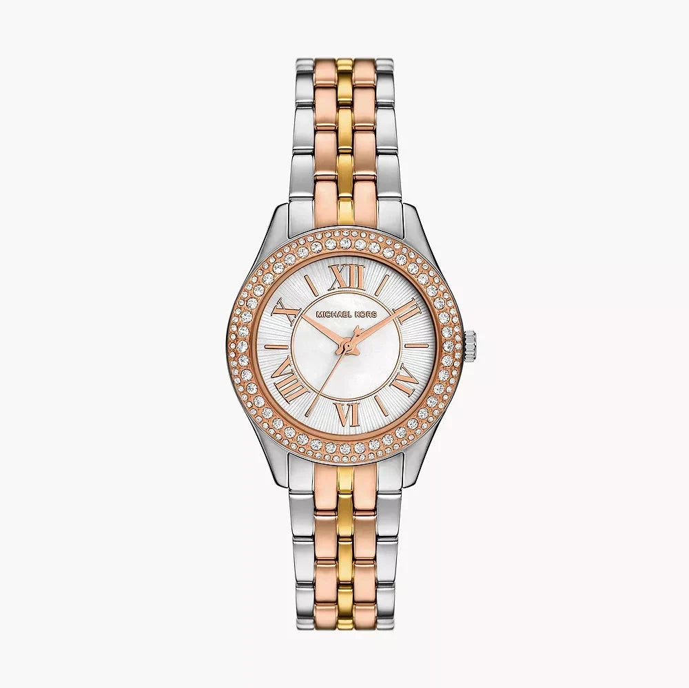 Michael Kors Harlowe Three-Hand Mother of Pearl White Dial Tri Tone Steel Strap Watch for Women - MK4846