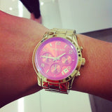 Michael Kors Runway Iridescent Pink Dial Gold Steel Strap Watch for Women - MK5939