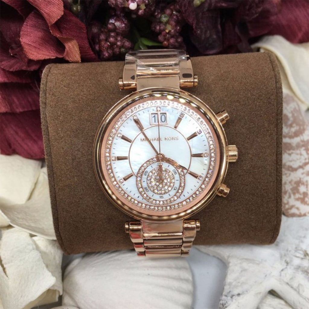 Michael Kors Sawyer Mother of Pearl White Dial Rose Gold Steel Strap Watch for Women - MK6282