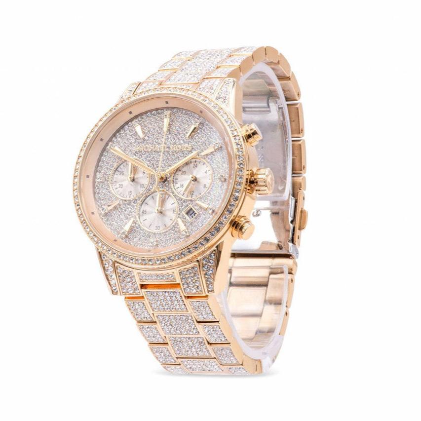 Michael Kors Ritz Three-Hand Glitz Crystals Gold Dial Gold Steel Strap Watch for Women - MK6747