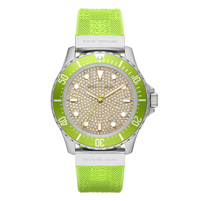 Michael Kors Everest Three Hand Crystals Silver Dial Green Silicone Strap Watch For Women - MK7360