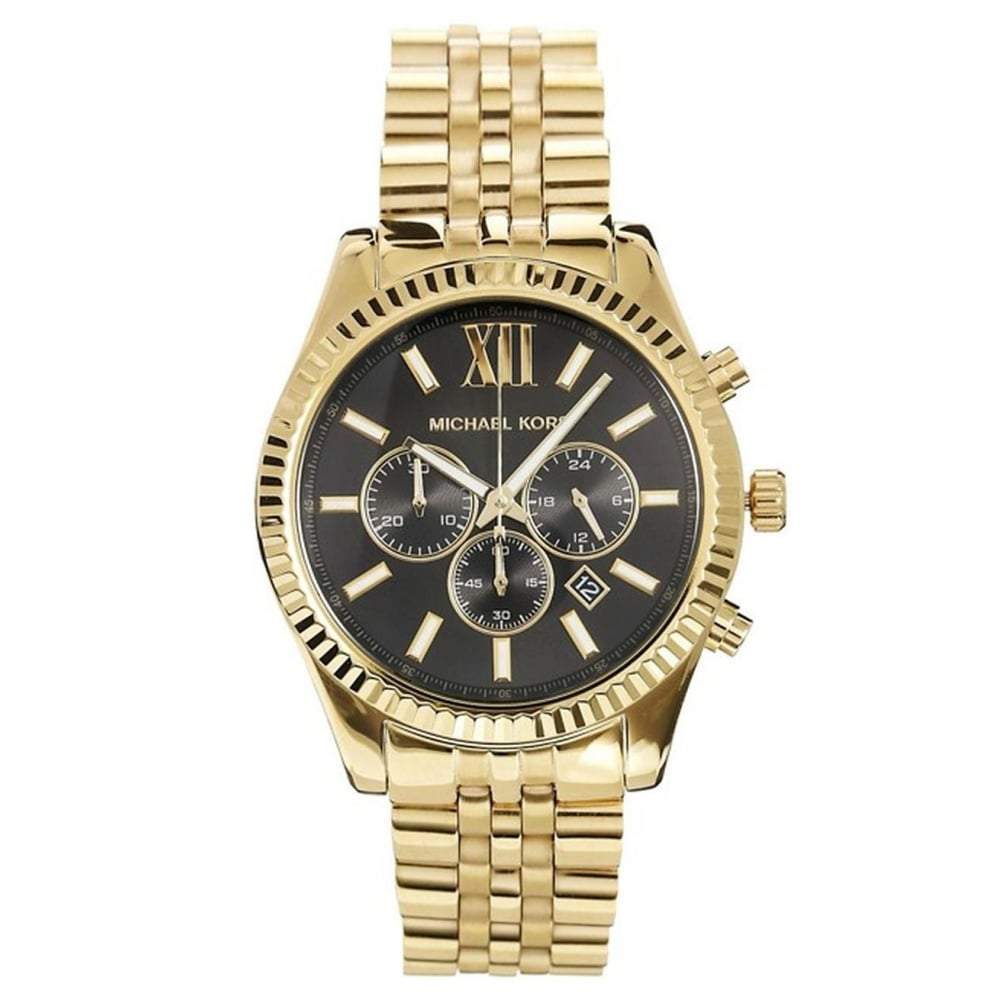 Michael Kors Lexington Chronograph Black Dial Gold Steel Strap Watch for Men - MK8286