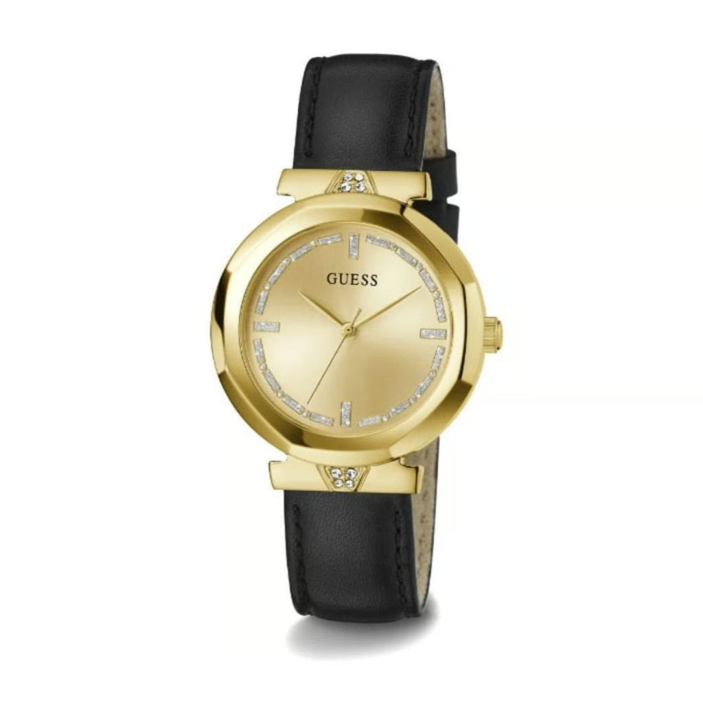 Guess Rumour Quartz Gold Dial Black Leather Strap Watch For Women - GW0689L2