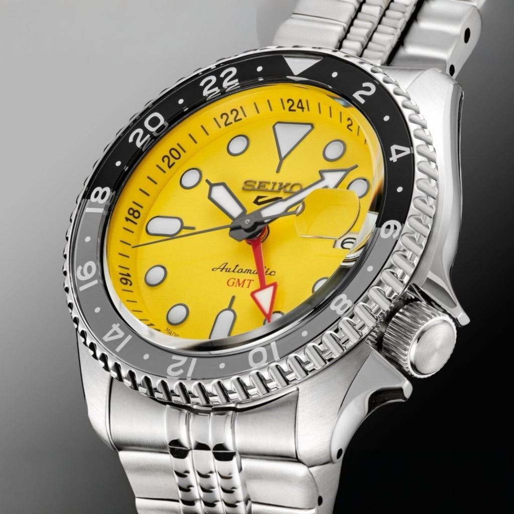 Seiko 5 Sport SKX GMT US Special Creation Automatic Yellow Dial Silver Steel Strap Watch for Men - SSK017K1