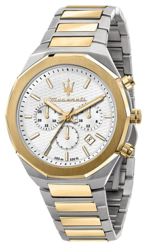 Maserati Stile Chronograph White Dial Two Tone Steel Strap Watch For Men - R8873642009
