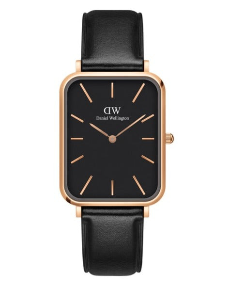 Daniel Wellington Quadro Black Dial Black Leather Strap Watch For Women  - DW00100449