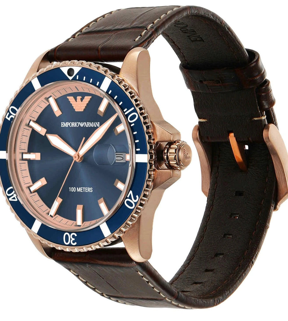 Emporio Armani Pro Planet Three Hand Date Blue Dial Brown Leather Strap Watch For Men - AR11556