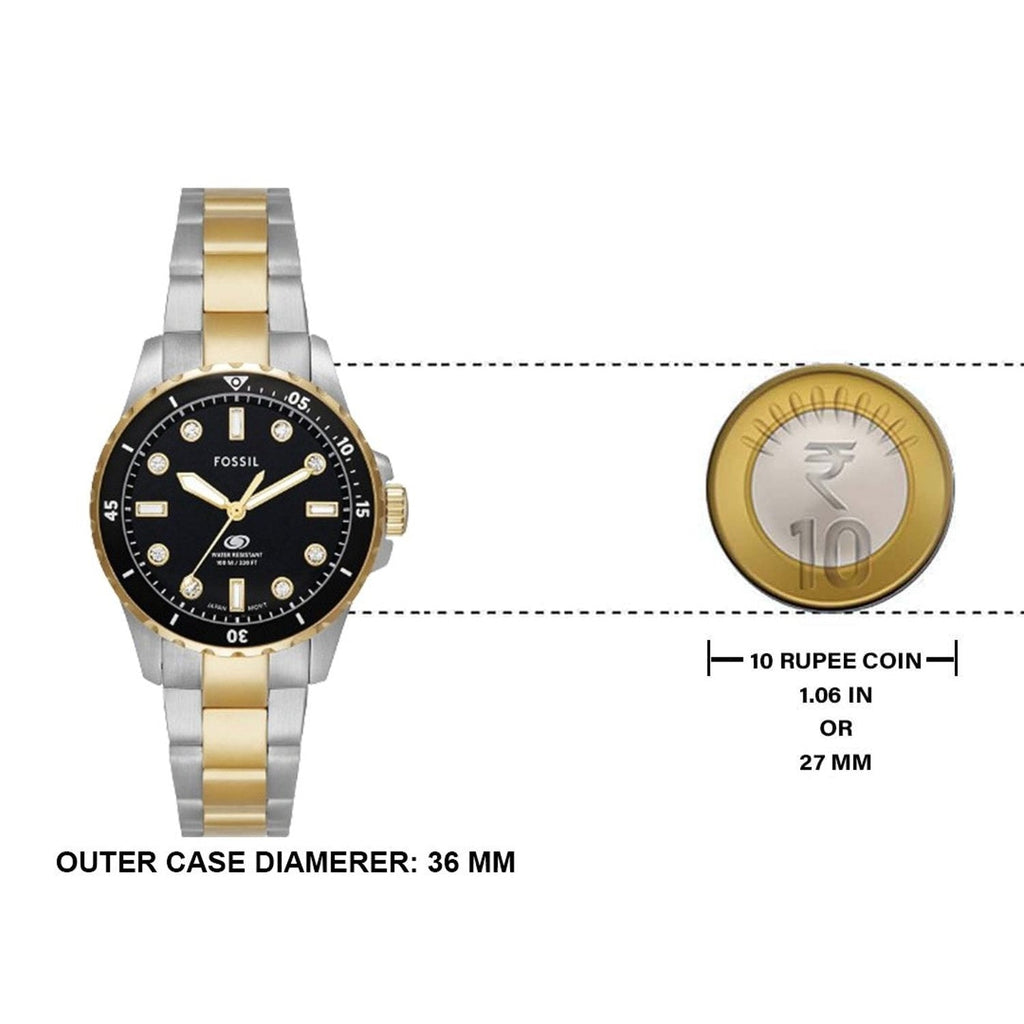 Fossil Blue Dive Three Hand Black Dial Two Tone Steel Strap Watch For Women - ES5349