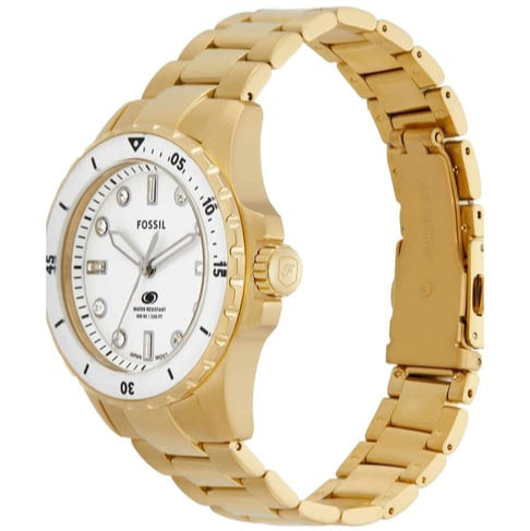 Fossil Blue Dive Three Hand White Dial Gold Steel Strap Watch For Women - ES5350