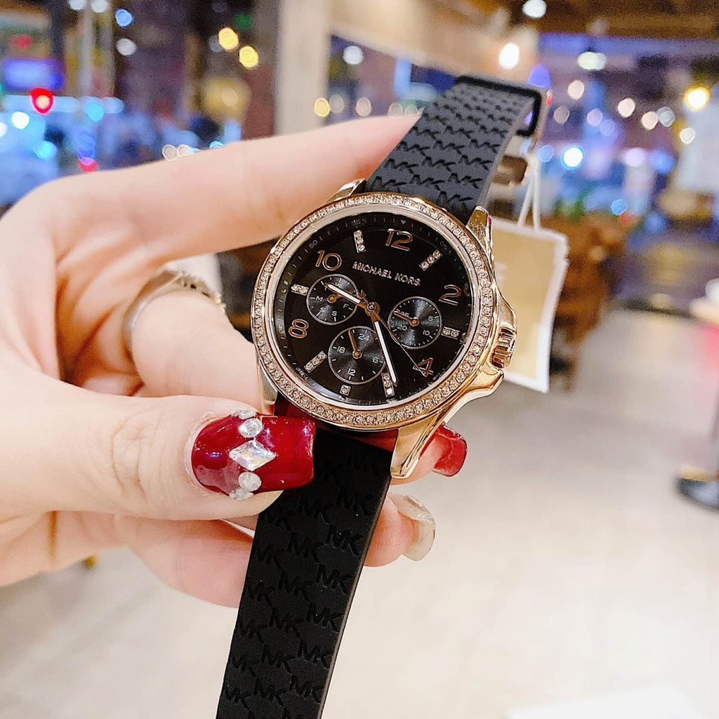 Michael Kors Mini Pilot Black Dial Black Silicone Strap Watch For Women - MK7373