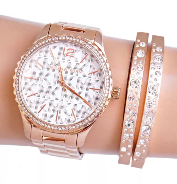 Michael Kors Layton Three Hand Silver Dial Rose Gold Steel Strap Watch For Women - MK7297