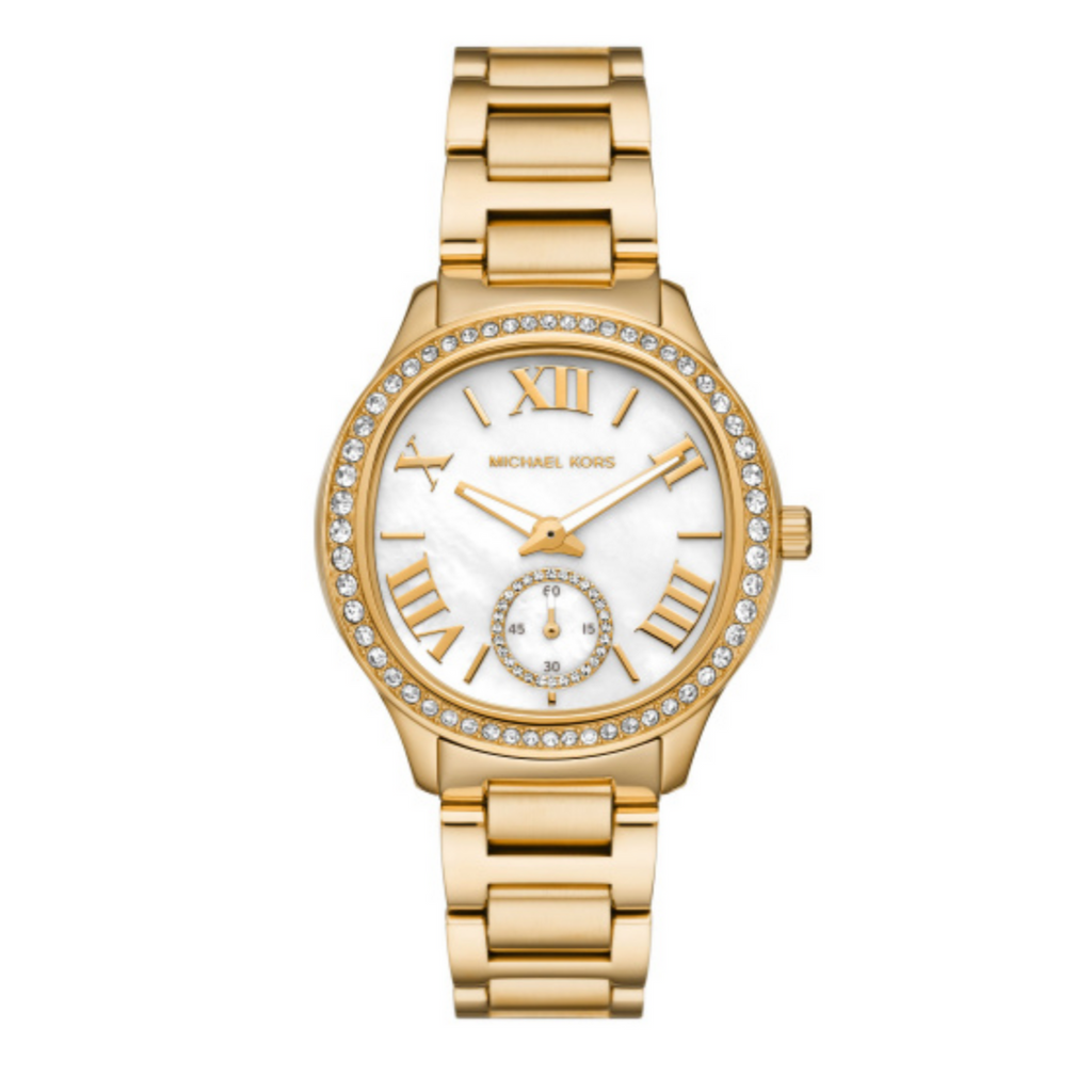 Michael Kors Sage Three-Hand Mother of Pearl White Dial Gold Steel Strap Watch for Women - MK4805