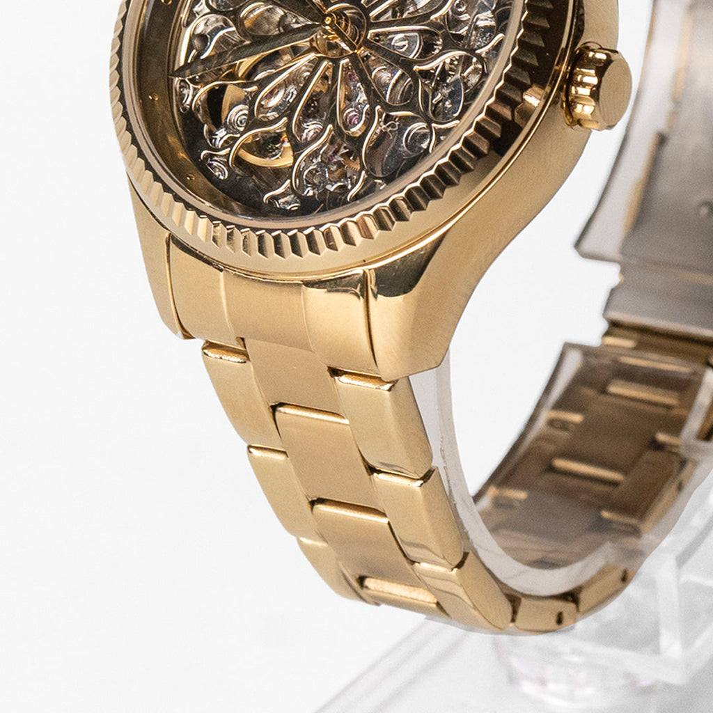 Fossil Rye Automatic Skeleton Gold Dial Gold Steel Strap Watch for Women - BQ3755