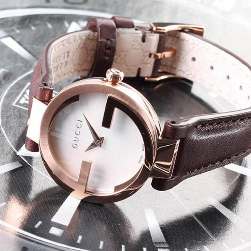 Gucci G Interlocking Mother of Pearl Dial Brown Leather Strap Watch For Women - YA133516