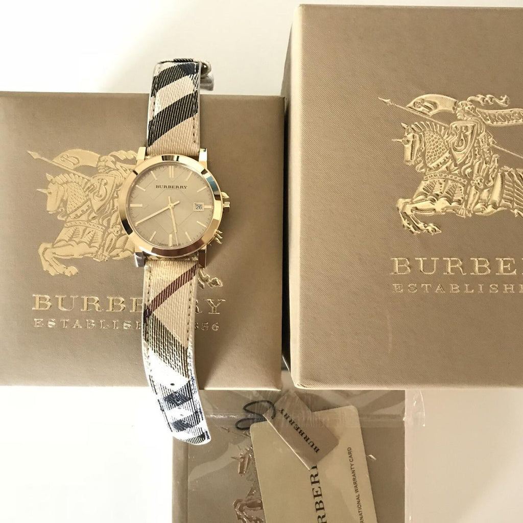 Burberry The City Gold Dial Haymarket Brown Leather Strap Watch for Women - BU9026