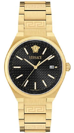 Versace V-Auria Quartz Black Dial Gold Steel Strap Watch for Men - VE0F00525