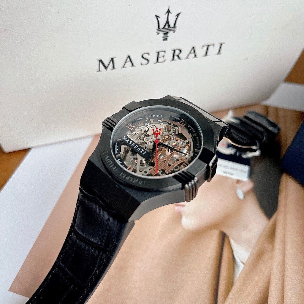 Maserati Automatic Skeleton Black Dial Black Leather Strap Watch For Men - R8821108021