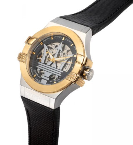 Maserati Potenza Automatic Skeleton Dial Black Leather Strap Watch For Men - R8821108011