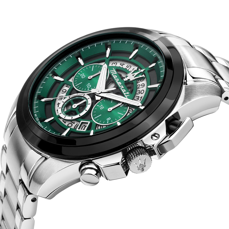 Maserati Traguardo Chronograph Green Dial Silver Steel Strap Watch For Men - R8873612060