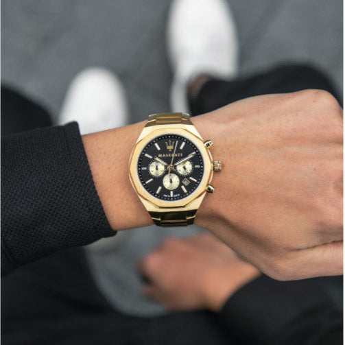 Maserati Stile 45mm Chronograph Black Dial Gold Steel Strap Watch For Men - R8873642001