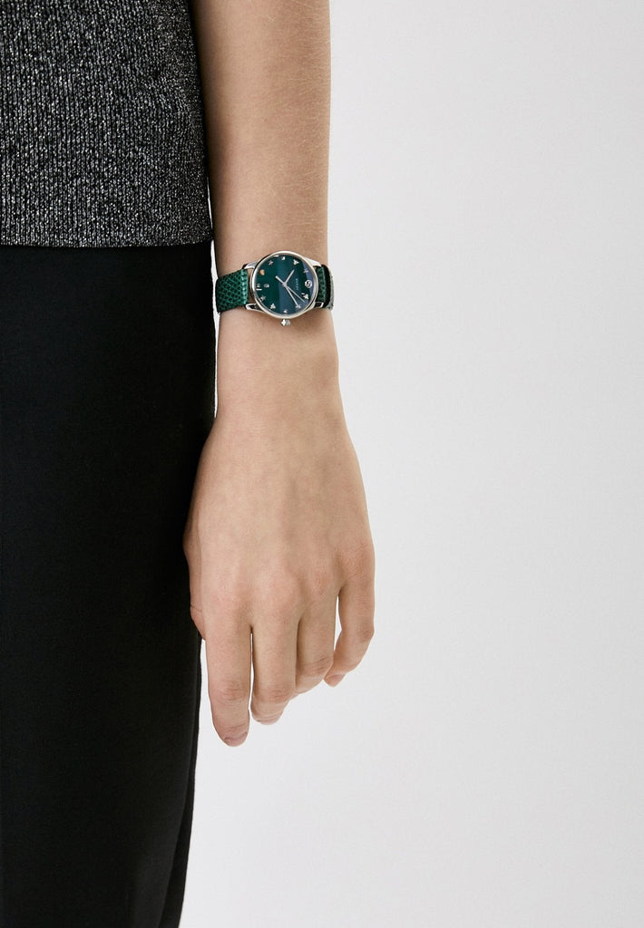 Gucci G-Timeless Green Mother of Pearl Dial Green Leather Strap Watch For Women - YA126585