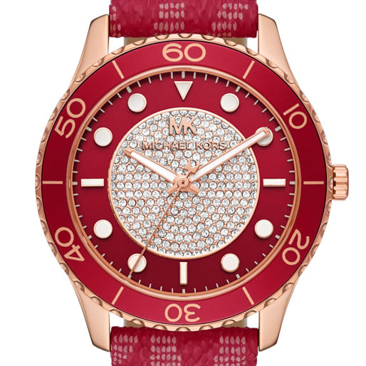 Michael Kors Runway Three-Hand Quartz Red Dial Red Leather Strap Watch For Women - MK7179