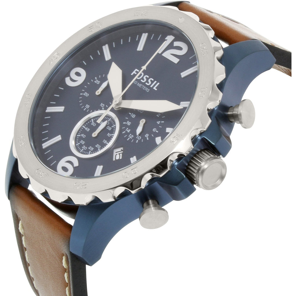 Fossil Nate Chronograph Navy Blue Dial Brown Leather Strap Watch for Men - JR1504