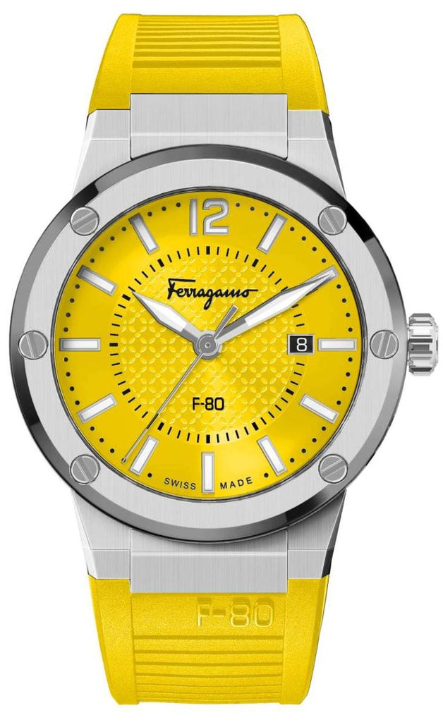 Salvatore Ferragamo F-80 Classic Yellow Dial Yellow Rubber Strap Watch for Men - SFHY01222