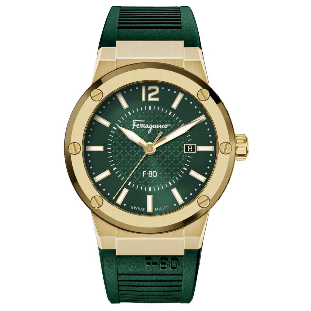 Salvatore Ferragamo F-80 Classic Green Dial Green Rubber Strap Watch for Men - SFHY02022