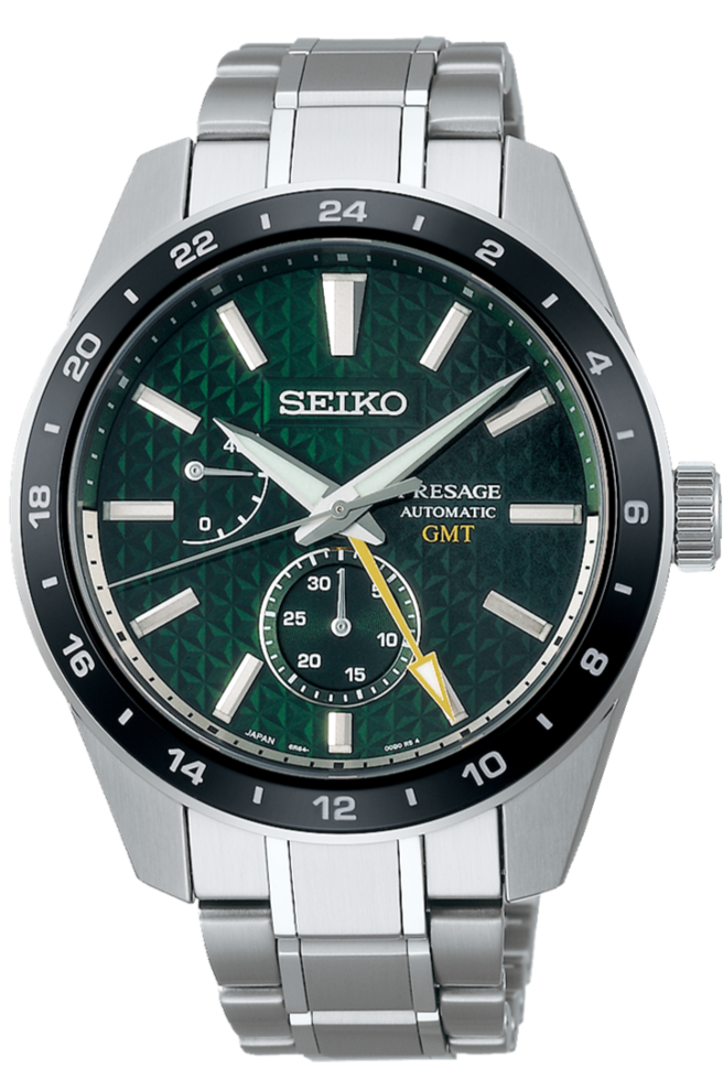 Seiko Presage Sharp Edged Series GMT Green Dial Silver Steel Strap Watch For Men - SPB219J1