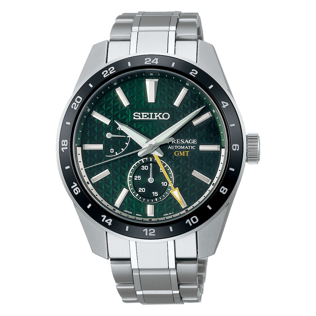 Seiko Presage Sharp Edged Series GMT Green Dial Silver Steel Strap Watch For Men - SPB219J1