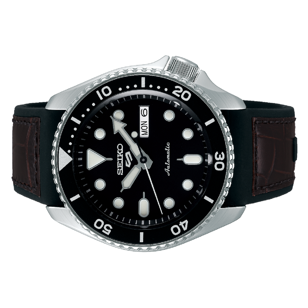 Seiko 5 Sports SKX Automatic Black Dial Black Leather Strap Watch for Men - SRPD55K2