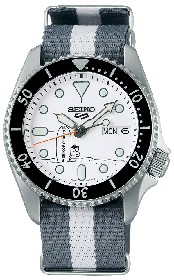 Seiko 5 Sports x Peanuts Surfboard Snoopy Limited Edition White Dial Two Tone NATO Strap Watch For Men - SRPK25K1