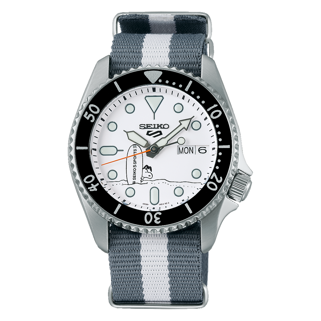 Seiko 5 Sports x Peanuts Surfboard Snoopy Limited Edition White Dial Two Tone NATO Strap Watch For Men - SRPK25K1