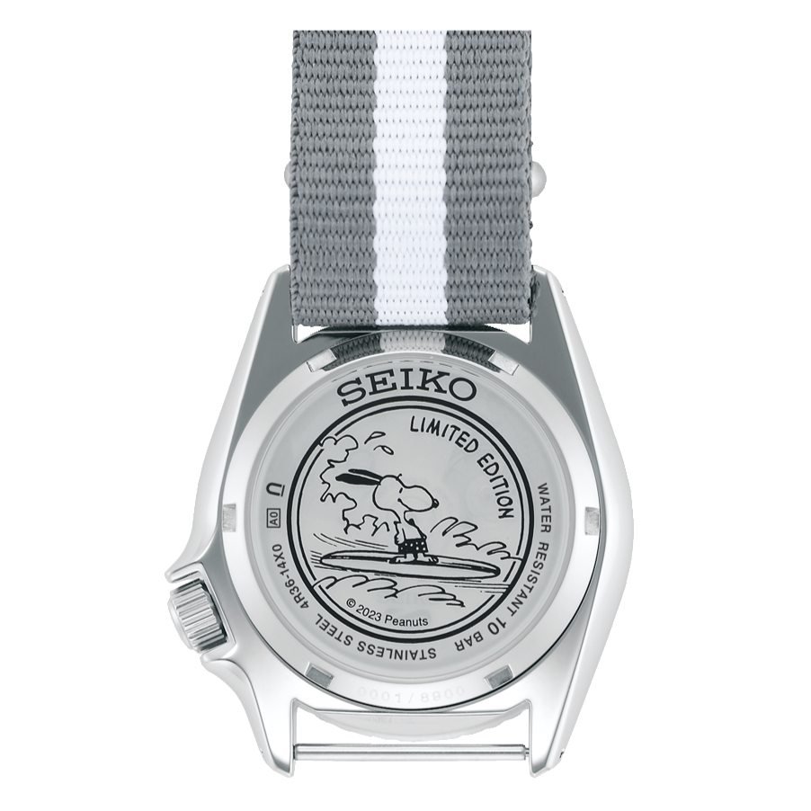 Seiko 5 Sports x Peanuts Surfboard Snoopy Limited Edition White Dial Two Tone NATO Strap Watch For Men - SRPK25K1