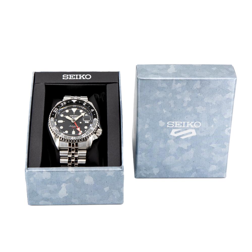 Seiko 5 Sports Automatic GMT Black Dial Silver Steel Strap Watch For Men - SSK001K1