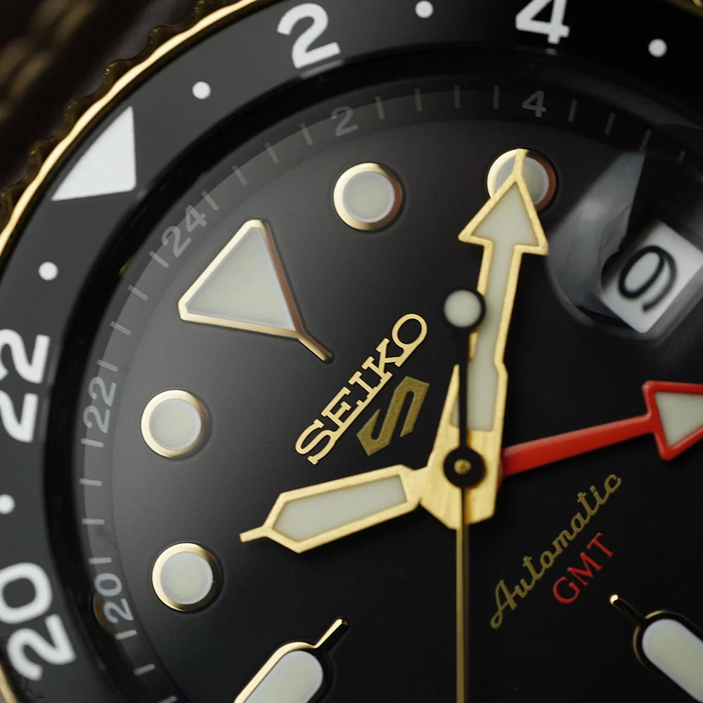 Seiko 5 Sports SKX GMT Automatic Mocha Black Dial Brown Leather Strap Watch For Men - SSK036K1