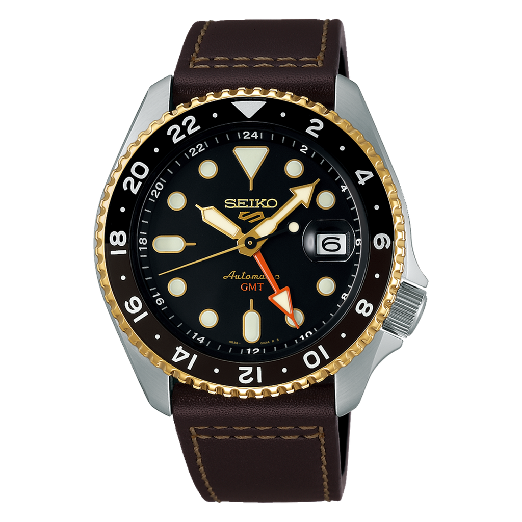 Seiko 5 Sports SKX GMT Automatic Mocha Black Dial Brown Leather Strap Watch For Men - SSK036K1