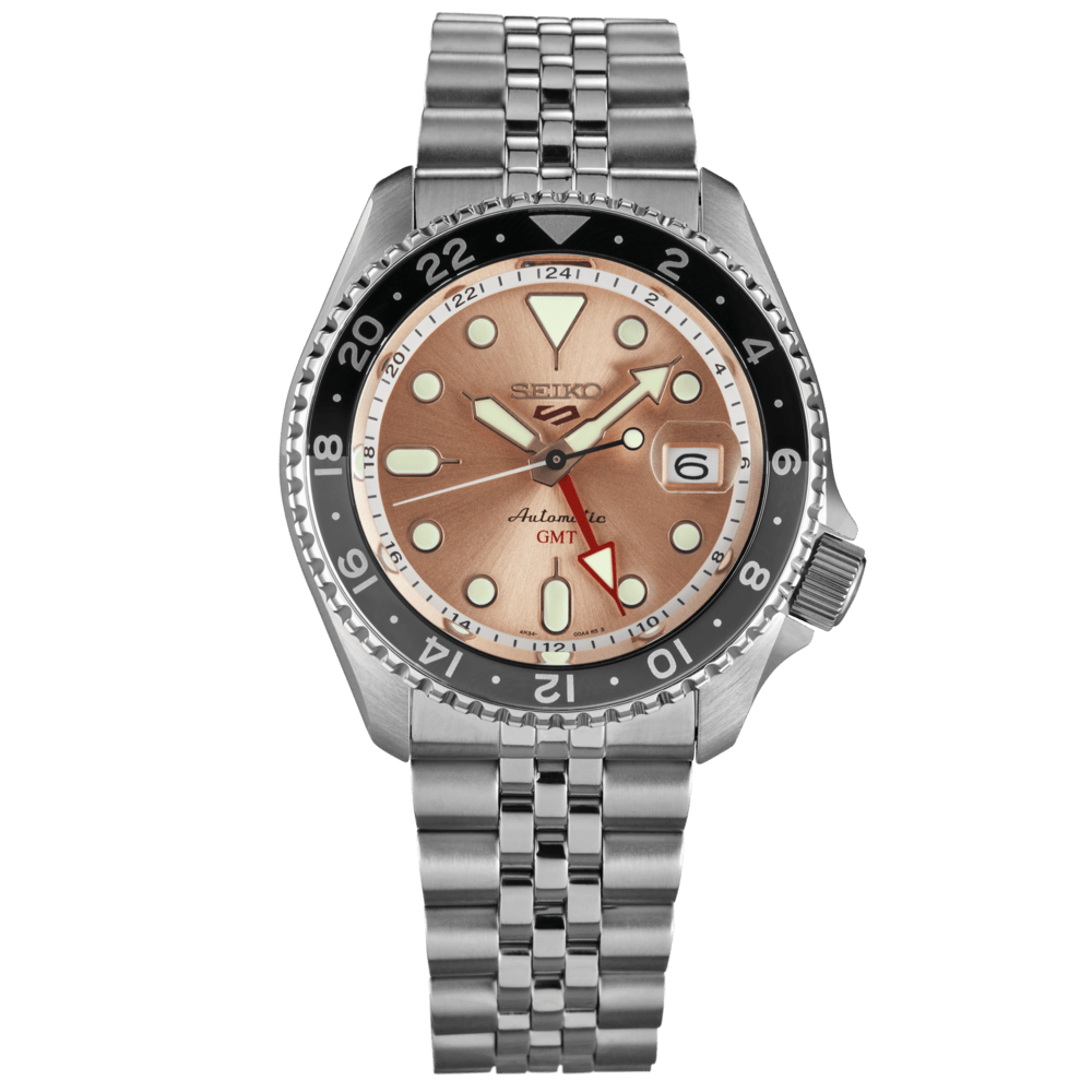 Seiko 5 Sports GMT Thong Sia Limited Edition Brown Dial Silver Steel Strap Watch for Men - SSK043K1