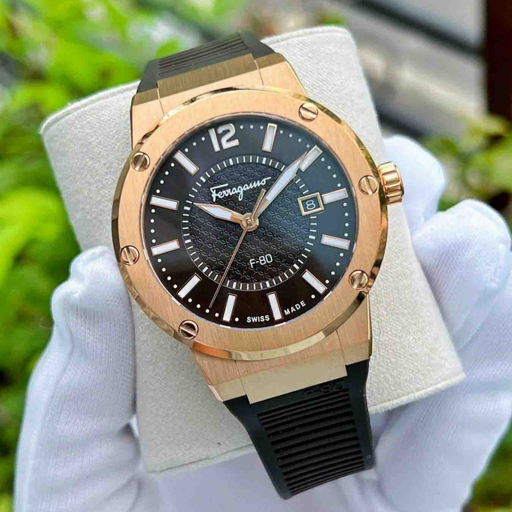 Salvatore Ferragamo F-80 Classic Black Dial Black Rubber Strap Watch for Men - SFHY02522